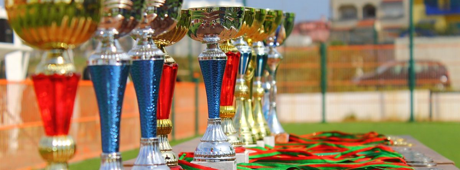 Colorful trophies and medals on display