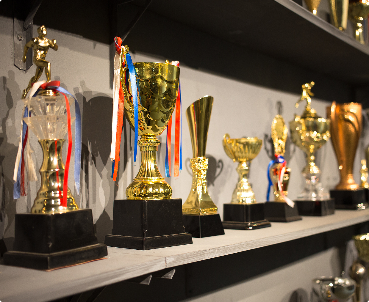 Gold and silver trophies with ribbons