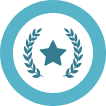 Blue badge with a star and laurel wreath symbol.
