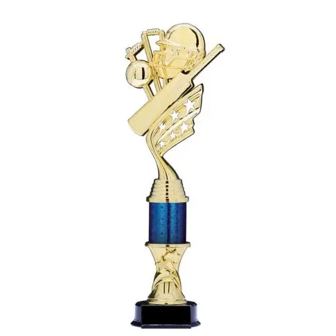 Tall golden trophy with a blue center and a black base.