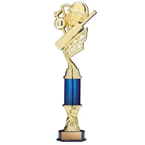 Tall baseball trophy with a gold player figure and blue column.
