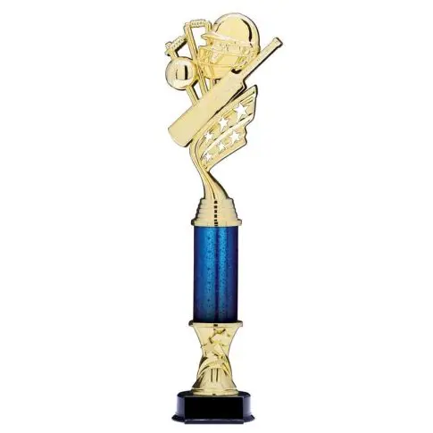 A gold and blue trophy with a musical note design on top.