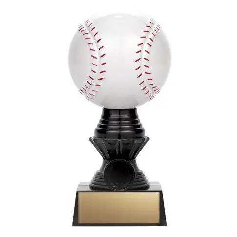 A white baseball trophy with red stitching on a black pedestal.