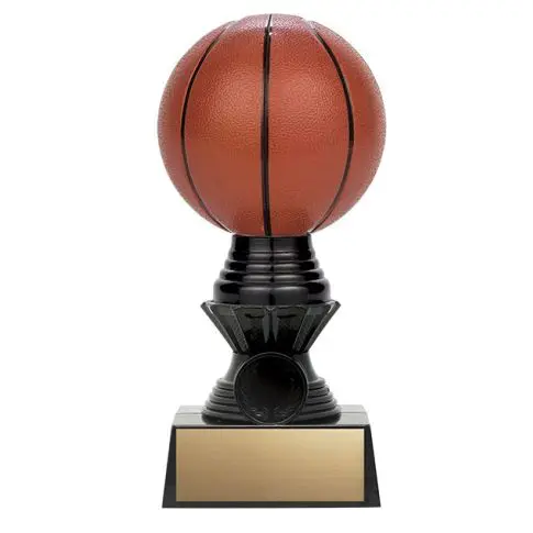 Basketball trophy with blank gold plate on black base.