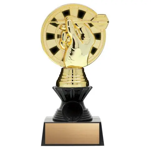 A golden trophy shaped like a film reel on a black base.