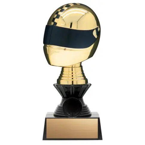 Golden helmet trophy on a black base with a blank plaque.
