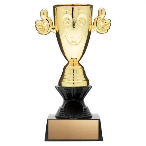 A gold trophy with a smiling face giving two thumbs up.