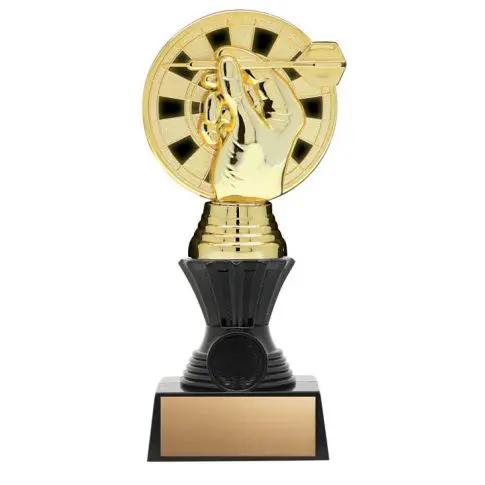 A gold and black trophy with a film reel design on top.