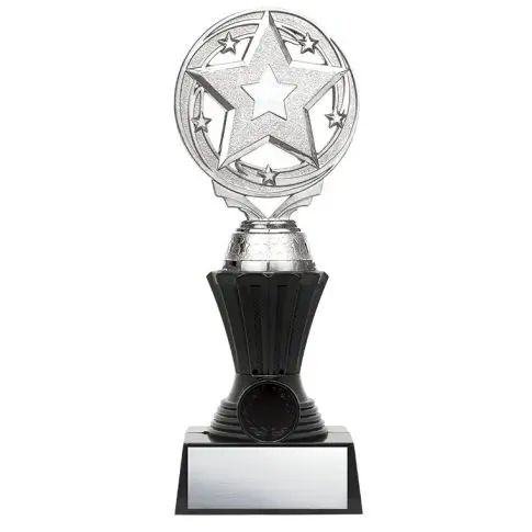 Silver star trophy with black base and blank plaque.
