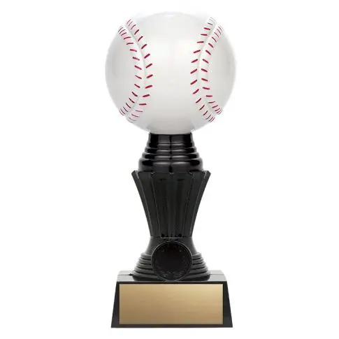 A baseball trophy with a black base and blank gold plate.