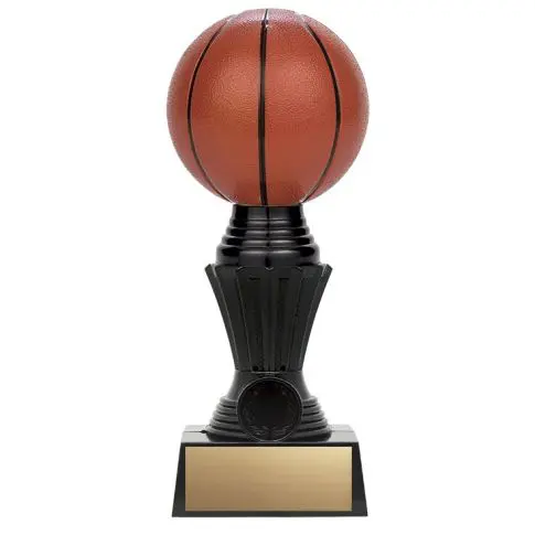 A basketball trophy with a black base and gold plate.