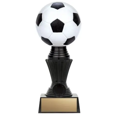 A soccer ball trophy with a black base and gold plate.