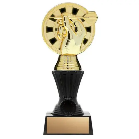 A gold and black trophy with a film reel design.