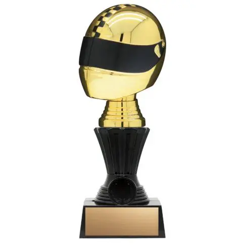 Golden trophy with a black blindfold on a black base.