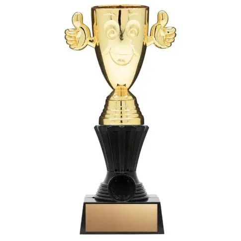 Golden trophy with thumbs-up design on a black base.