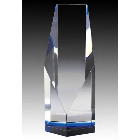 Clear crystal award with blue accents and a sharp, geometric design.