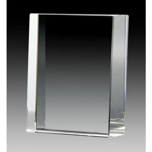 A clear rectangular glass award or plaque with beveled edges.