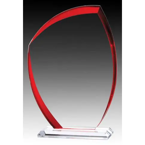 Sleek red and clear glass award trophy with modern curved design.