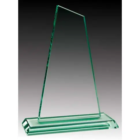 A clear glass award trophy with a green tint on a gray background.