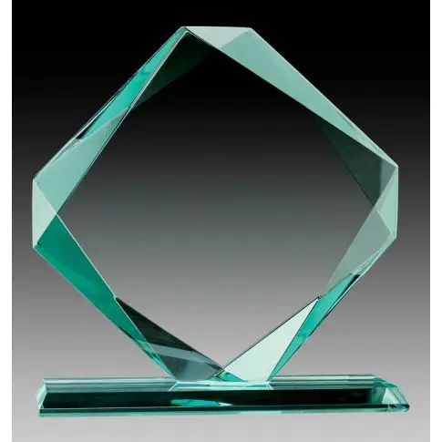 A transparent glass trophy with a unique diamond shape on a rectangular base.