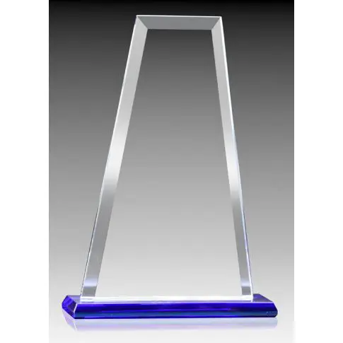 Clear glass award with a blue base on a gray background.