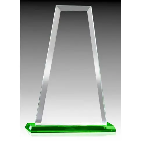 A modern glass trophy with a green base.