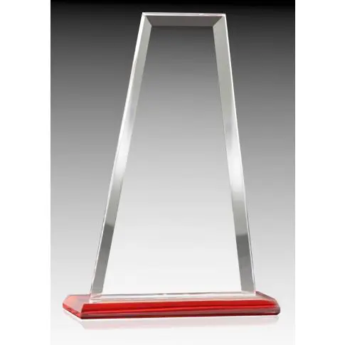 Clear glass trophy with a red base, shaped like a tall trapezoid.