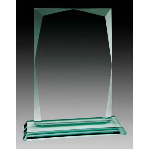 Clear glass trophy with a rectangular shape and stepped base.