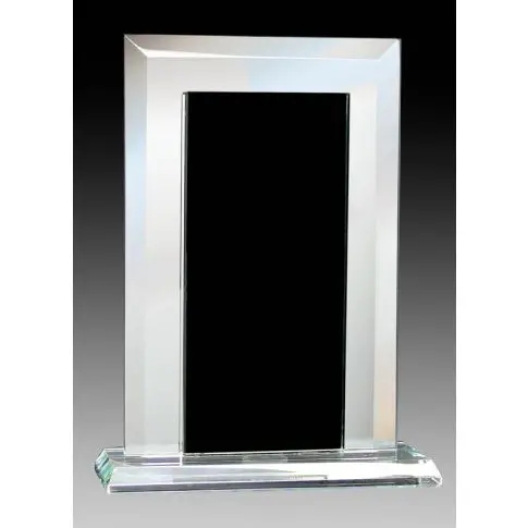 A sleek rectangular glass award with beveled edges on a clear base.