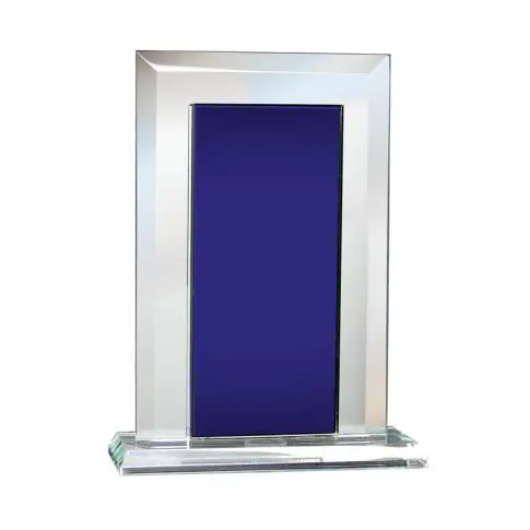 A sleek glass award with a deep blue center on a clear base.
