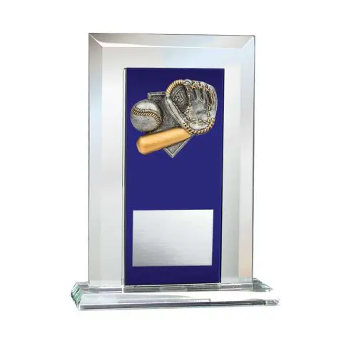 A glass trophy with a baseball glove, ball, and bat design.