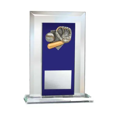 A glass trophy with a baseball glove and bat design on a blue background.