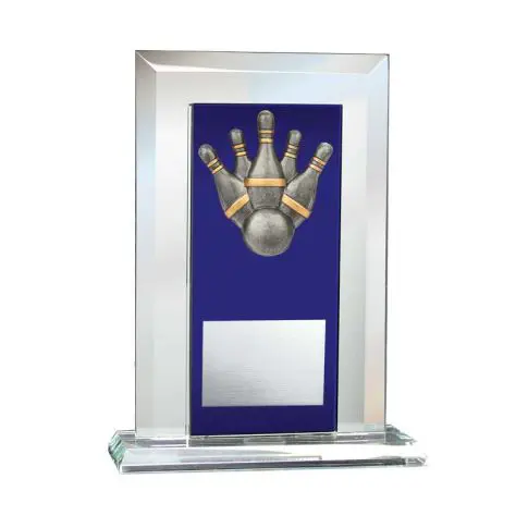 A bowling trophy featuring a golden hand holding a bowling ball.
