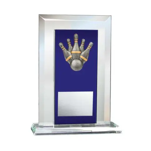 A trophy featuring a golden hand holding a silver ball on a blue background.