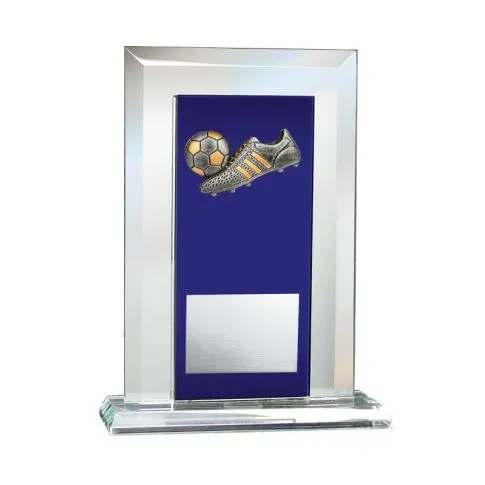 Glass trophy with a gold football and boot on blue background.