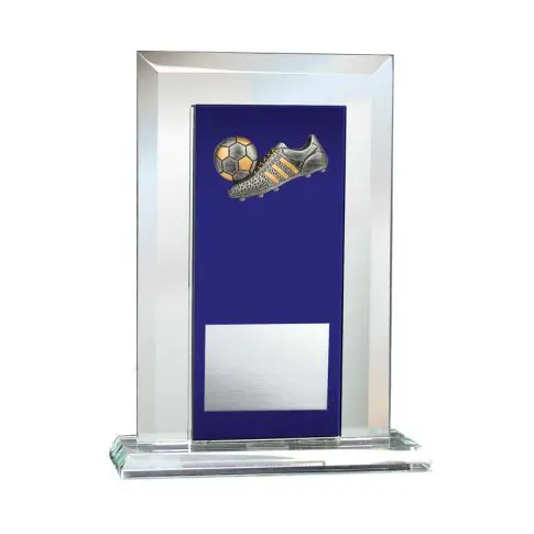Glass trophy with a gold gramophone on blue background.