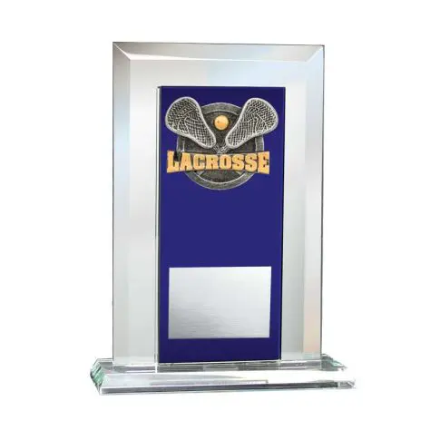 A glass lacrosse trophy with space for engraving.