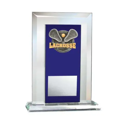 A clear glass lacrosse trophy with gold lacrosse sticks and a blue plaque.