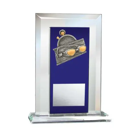 Glass trophy with a music-themed emblem and blank plaque.