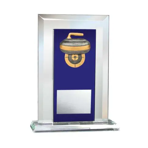 Glass trophy with a gold and blue emblem on a clear base.