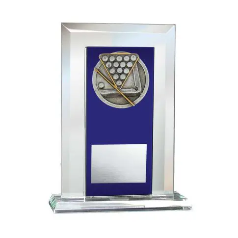 Glass trophy with a billiards-themed design and a blank nameplate.