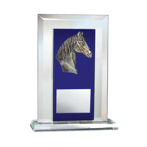 Silver horse head trophy with blue background and blank plaque.