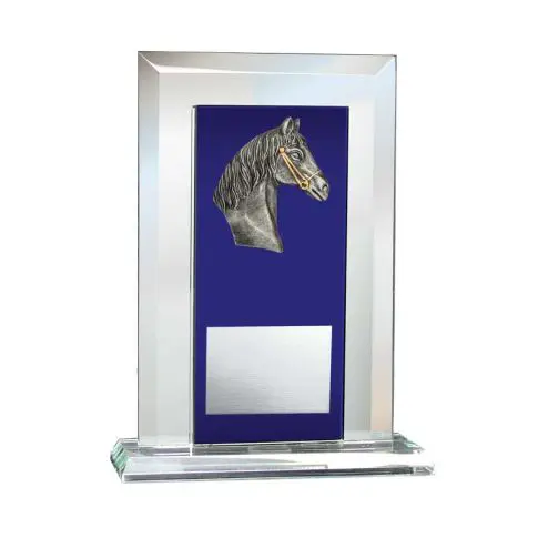 Glass trophy with a horse head sculpture and a blue backdrop.
