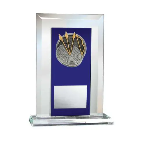 Glass award with a blue background and gold emblem.