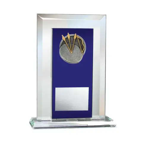 A blue and silver trophy with a gold starburst design.