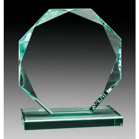Clear glass award with geometric edges on a rectangular base.