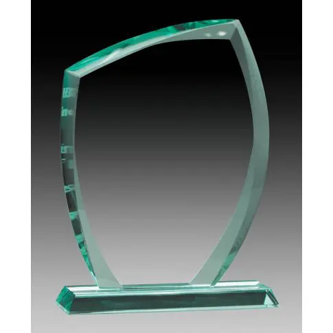 Transparent glass award trophy with a curved design on a base.