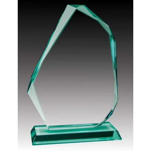 Transparent glass trophy with an irregular oval shape on a rectangular base.
