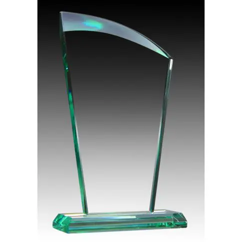 Transparent glass award with a curved top and green accents.