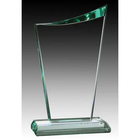 A clear glass award with a unique angular design on a base.